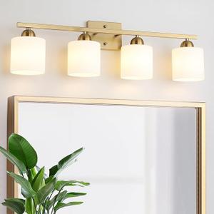 Stainless Steel Milk Glass Vanity Lights for Bathroom, 4 Light Gold Bathroom Light Fixtures Over Mirror, Ceramic E26 Sockets Wall Mounted Stainless Steel Milk Glass Vanity Lights for Bathroom, 4 Light Gold Bathroom Light Fixtures Over Mirror, Ceramic E26 Sockets Wall Mounted