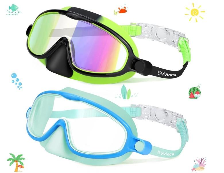 Vvinca 2 Pcs Kids-Swim-Goggles with Nose Cover, Swimming Diving Mask Wide View Anti Fog UV Anti Shattered Lens for Kids 3-5 (01-Mirrored Black Green & Light Blue)