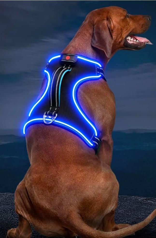 Neck Light Up Dog Harness, No Pull LED Dog Harness with Handle, Rechargeable Lighted Safety Vest for Small Medium Large Dogs, Adjustable Soft Dog Lights for Night Walking XL