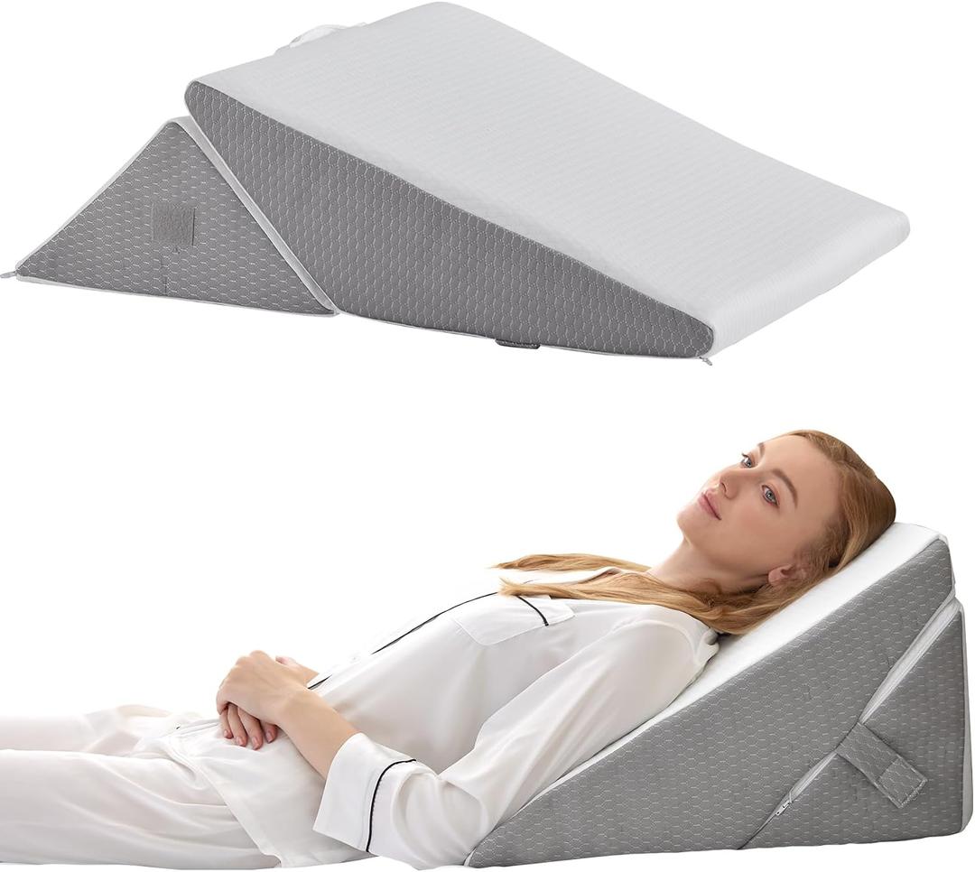 Bedluxe Wedge Pillow for Sleeping, Adjustable 9&12 Inch Foldable Bed Wedge Pillow Set, Orthopedic Memory Foam Triangle Pillows Wedge, 7-in-1 Elevated Pillows for Leg and Back Support, White/Grey