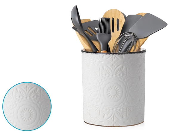 Comfify Large Ceramic Kitchen Utensil Holder with Vintage Farmhouse Floral Pattern – Elegant White Decorative Crock for Countertop Organization – Organizer for Tools, Spatulas, Spoons & More