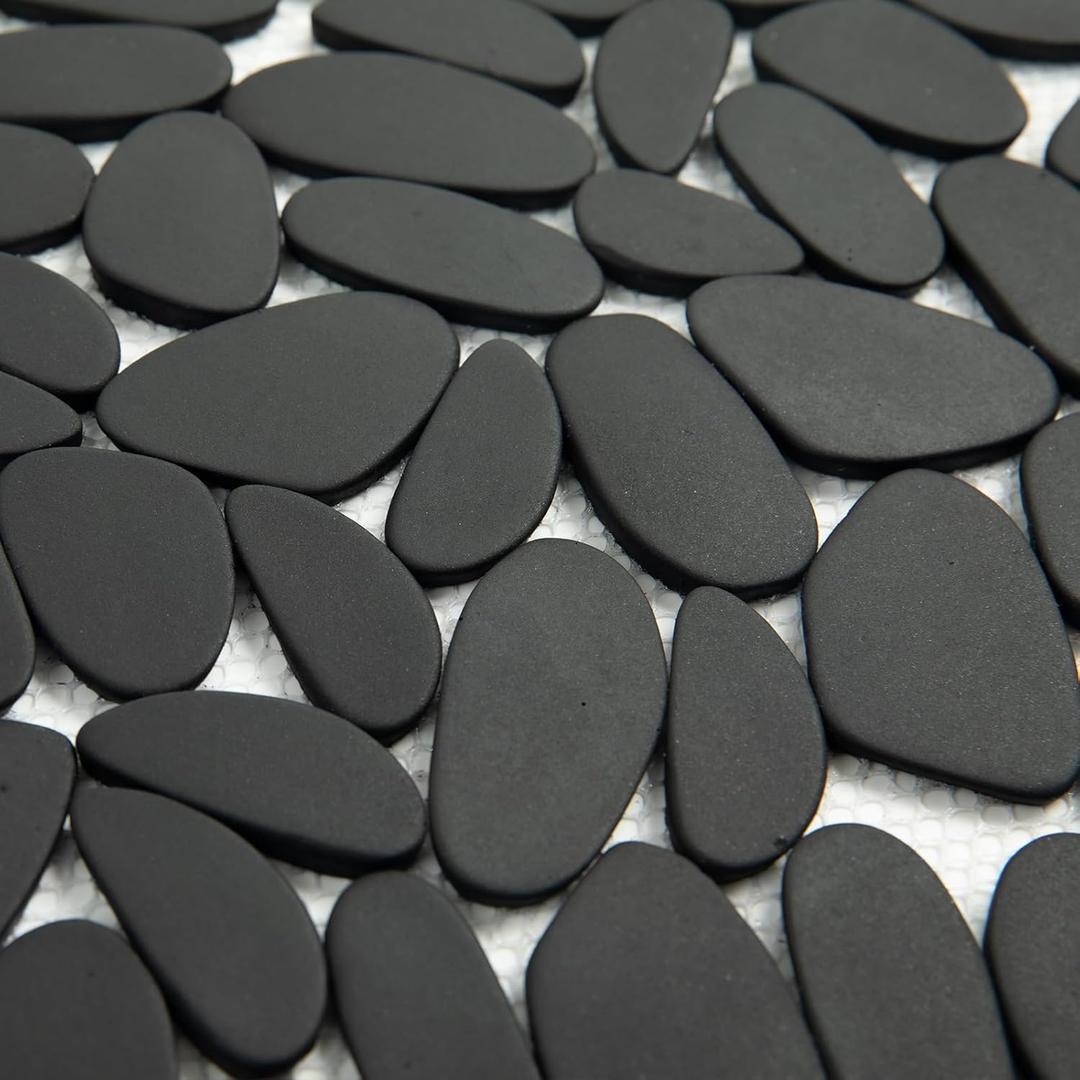 Lovdeco Black Pebble Tile Shower Floor, Elongated Mosaic Pebble Backsplash for Wall, Stone Tiles for Bathroom and Outdoor Garden, 5 Sheets, Matte and Flat Surface