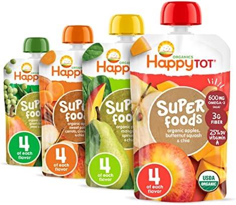 Happy Tot Organics Stage 4 Baby Food Pouches, Gluten Free, Vegan Snack, SuperFoods Fruit & Veggie Puree & Chia Variety Pack, 4.22 Ounce (Pack of 16), BB 08/02/2025