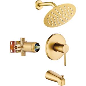 Brushed Gold Tub Shower Faucet Set Complete with 6-Inch Rainfall Shower Head and Tub Spout Included Shower Valve Tub Shower Trim Kit Round