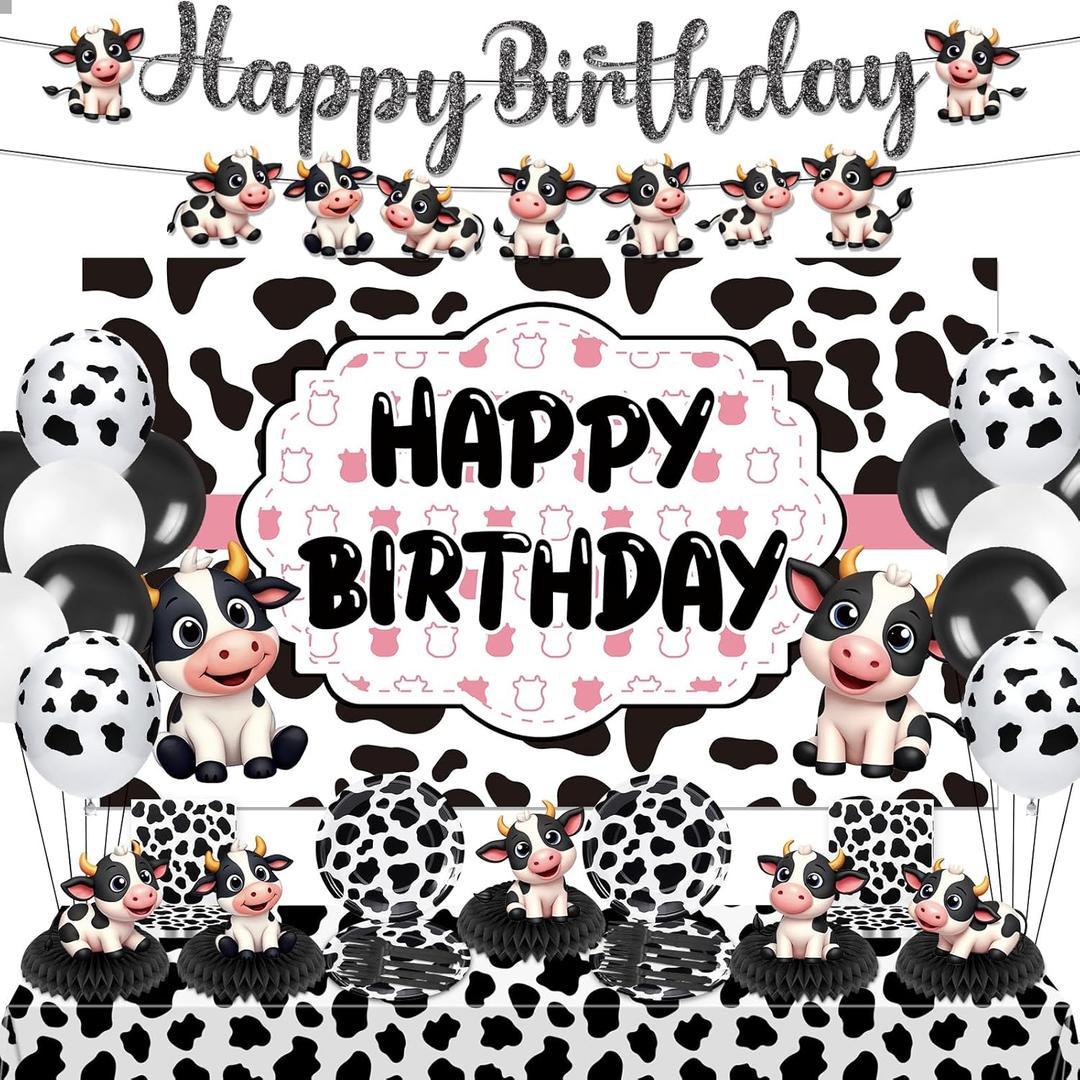 Cow Theme Birthday Party Decorations Cow Print Birthday Party Supplies Farm Animal Barn Party Tableware Set Plates Napkin Fork Banner Honeycomb Balloon Tablecloth for Cowgirl Bday Serve 10 Guests