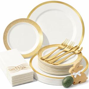 By Madee HEAVYWEIGHT Fancy Plastic Dinnerware Sets  White and Gold Disposable Plates, Premium Cutlery & Linen-Like Napkins | Elegant Disposable Dinnerware Set - 175 Pc for 25 Guests