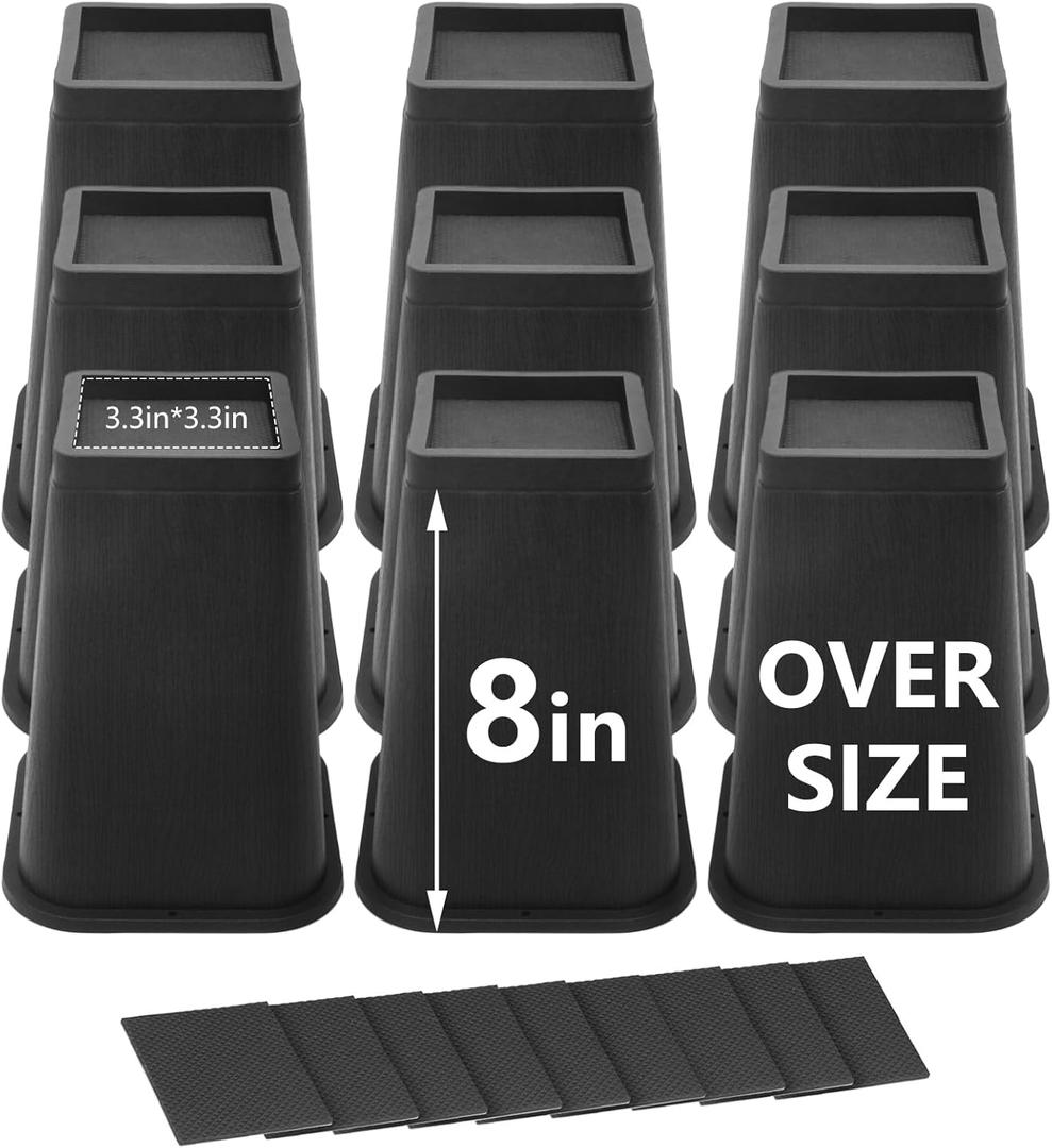 9 Pack Bed Risers 8 inch Heavy Duty, Furniture Risers for Dorm Twin XL Table Desk Sofa Couch Cabinet Bed Frame, Black Bed Lifts Risers