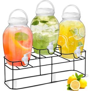 Tanlade 3 Pcs Plastic Drink Dispenser with Spigot and Metal Stand 1.2 Gallon Beverage Dispenser for Parties Juice Dispensers Lemonade Jar with Lids for Cold Drink Tea Water Container