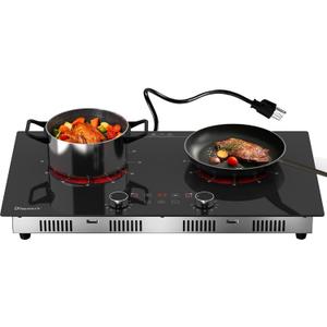 2 Burner Electric Cooktop 110V - 24 Inch(23.6"x 13.78") Ceramic Stove Countertop & Built-in(22"x 12.2"), 2000W Two Burner Cooktop with Touch & Knob Control, Timer, Safety Lock, 120V Plug in