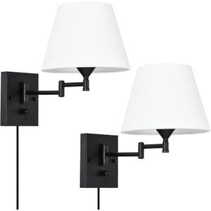 Pauwer Plug in Wall Sconce Set of 2 Swing Arm Wall Lamp with Plug in Cord and Fabric Shade Wall Light Fixtures for Hallway Bedroom Living Room (White Shade)