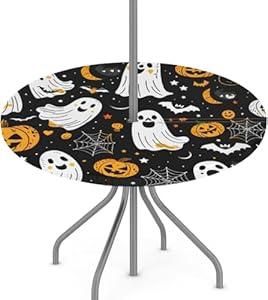 YGPARK Outdoor Fitted Round Table Cloth with Umbrella Hole, Halloween Ghosts Circle Elastic Tablecloth 36"-44" Waterproof Zipper Patio Table Cover for Picnic Camping Party Halloween Decoration