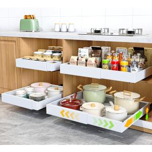 4 Pack Pull Out Cabinet Organizer,21" Deep Slide Out Drawer Organizers, No Drill Roll Out Drawers Adhesive with Nano Compatible Framed Cabinets Shelves for Kitchen Pantry Adjustable Width (White)