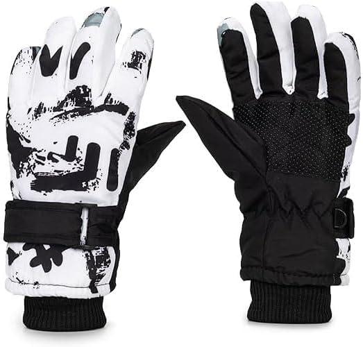 Kids-Waterproof-Ski-Snowboard-Gloves Abstract Print-Winter Warm Touchscreen-Gloves for Boys Girls for Outdoor-Sports Skiing