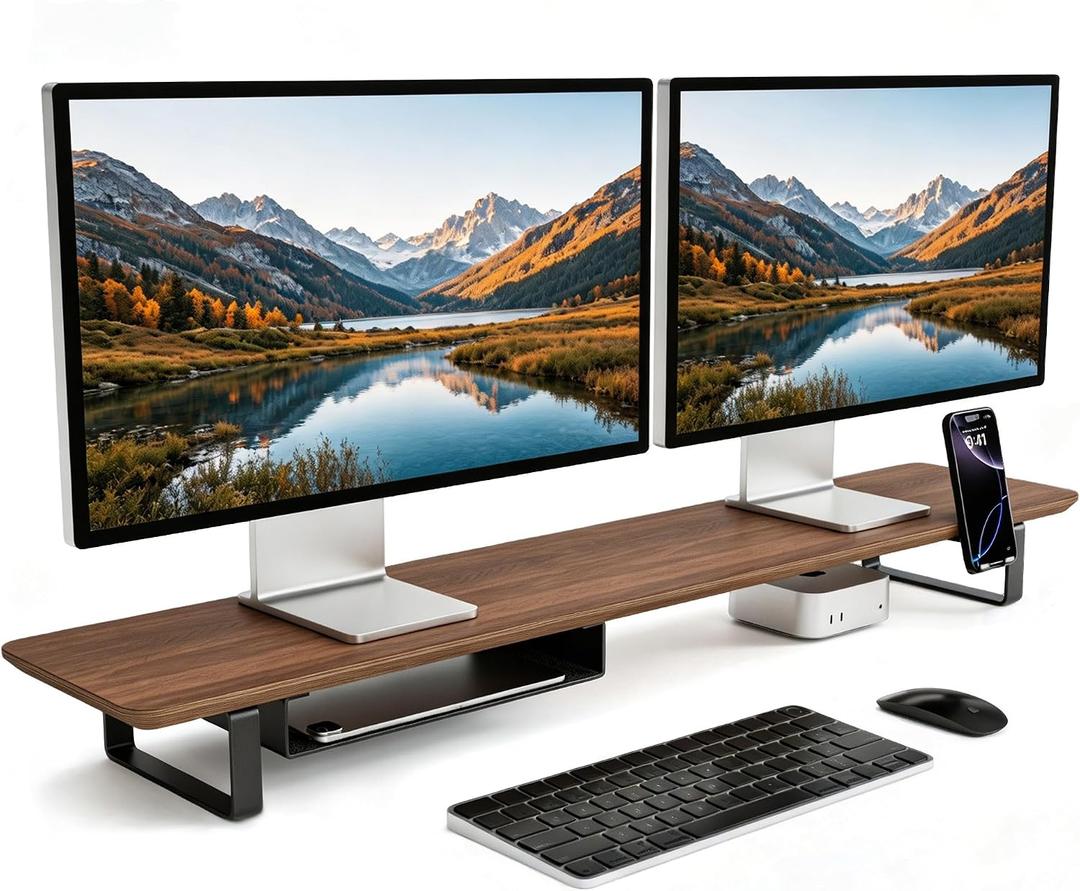 muso wood Dual Monitor Stand with Storage Shelf, 45 Inch Wooden Monitor Riser for 2 Monitors, Walnut Desk Shelf for Computer, Laptop, Screen, TV, Printer
