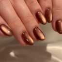 KQueenest Cat Eye Press on Nails Short Oval, 30 Pcs Light Brown Fake Nails Extra Short Almond, Glitter Magnetic Glue on Nails, Reusable Shiny Chrome Stick on Nails for Women Salon Manicure