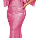 ZOMVA Plus Size Maxi Sparkly Dress Formal Evening Gown Cocktail Prom Glitter V-Neck Wrap Handkerchief Sleeves (XX-Large Plus, Hot Pink)