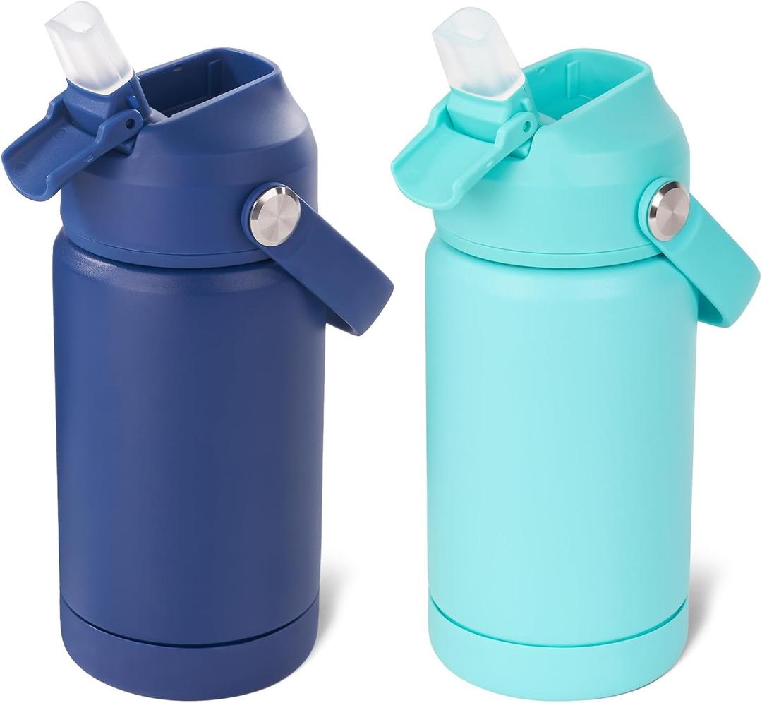 Kerilyn 12oz Kids Water Bottle 2 Pack, Stainless Steel Insulated Water Bottle Bulk, Toddler Cups with Straws Leak-Proof, Kids Water Bottles for School Boys Girls, BPA Free, Blue+Green 2 Piece Set