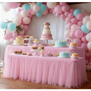 2-Pack Pink 2-in-1 Tulle Tablecloth for 5-Foot Rectangular Table Stretch Fitted Table Skirt & Cover for Baby Shower, Bridal, Birthday, Princess Party