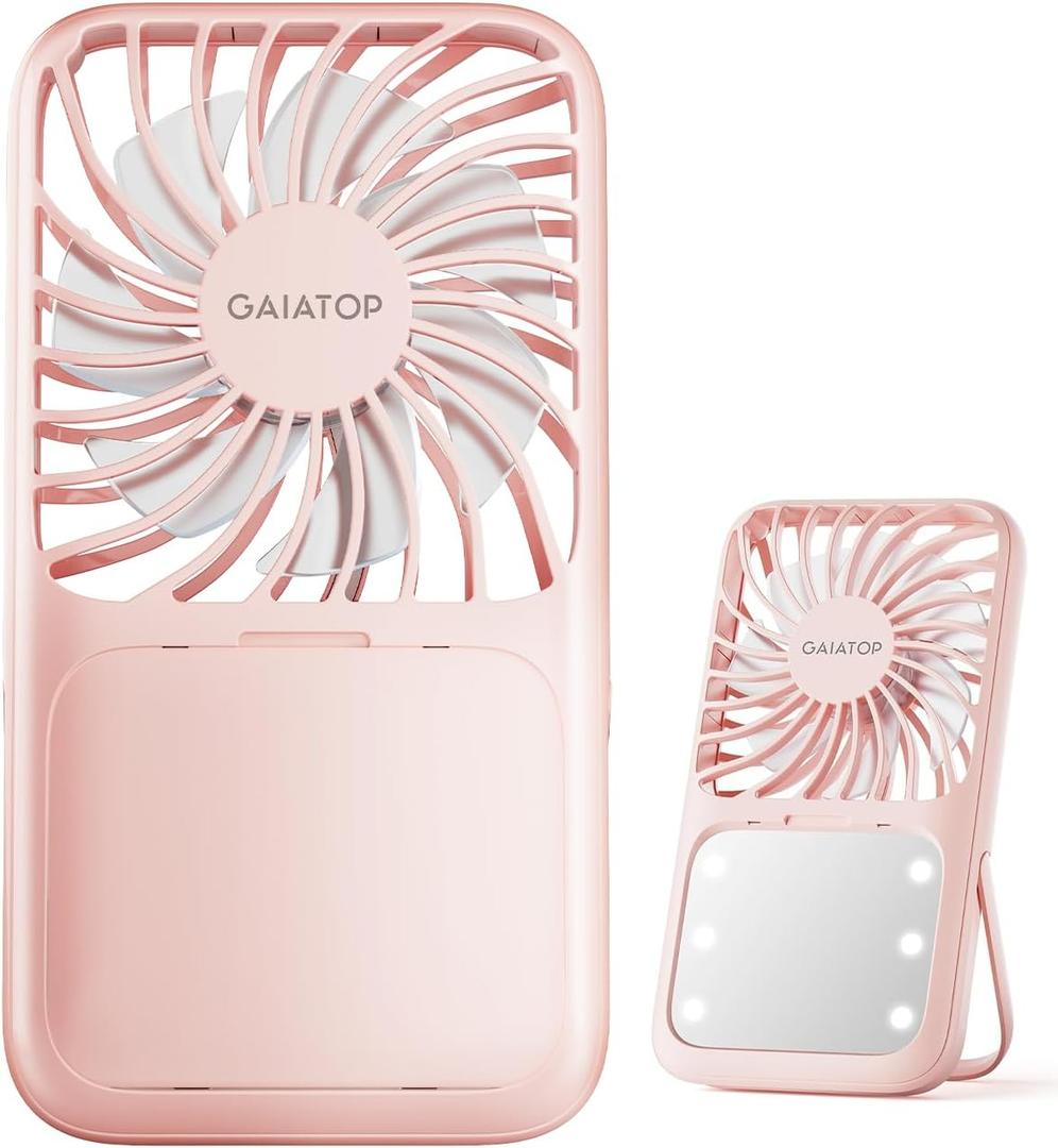 Gaiatop Portable Handheld Fan, 3 Speed LED Makeup Mirror with Light, Folding Stand for Desktop, Rechargeable Mini Personal Fans Small Travel Essentials Gifts for Women Girls (Pink)