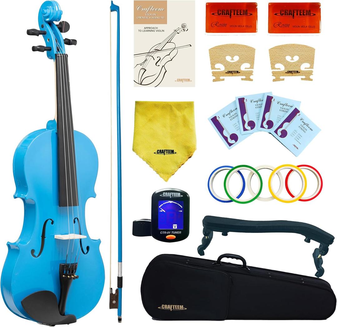 Crafteem 4/4 Full Size Fiddle Blue Colored Premium Violin Outfit for Beginners Adults Kids With 5 Color Fingering Tape- Handcrafted Student Beginner Violin.(Blue, 4/4 Full)