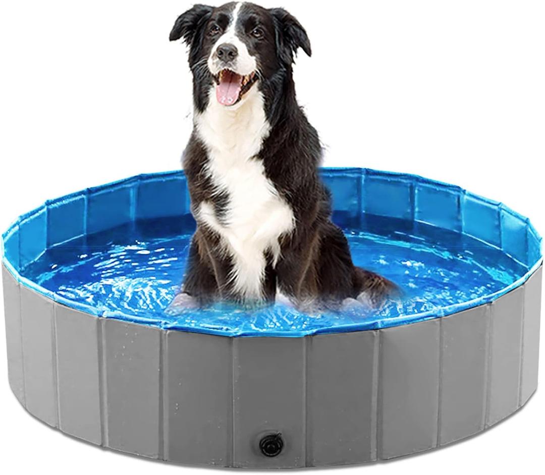 Jasonwell Foldable Dog Pet Bath Pool Collapsible Dog Pet Pool Bathing Tub Kiddie Pool Doggie Wading Pool for Puppy Small Medium Large Dogs Cats and Kids 32" Grey (Mdf Wood Gray)