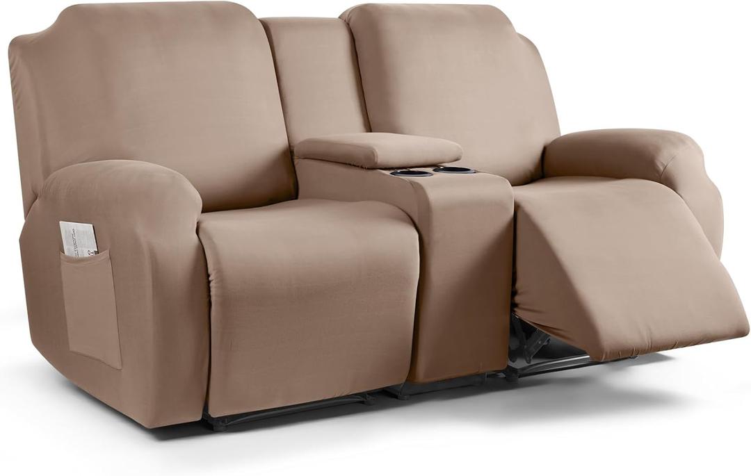 TAOCOCO Reclining Loveseat with Middle Console Slipcover, 4 Piece Polyester Fabric Stretch Loveseat Recliner Sofa Covers, Soft Washable Furniture Protector (Khaki, 2 Seater with Console Cover)