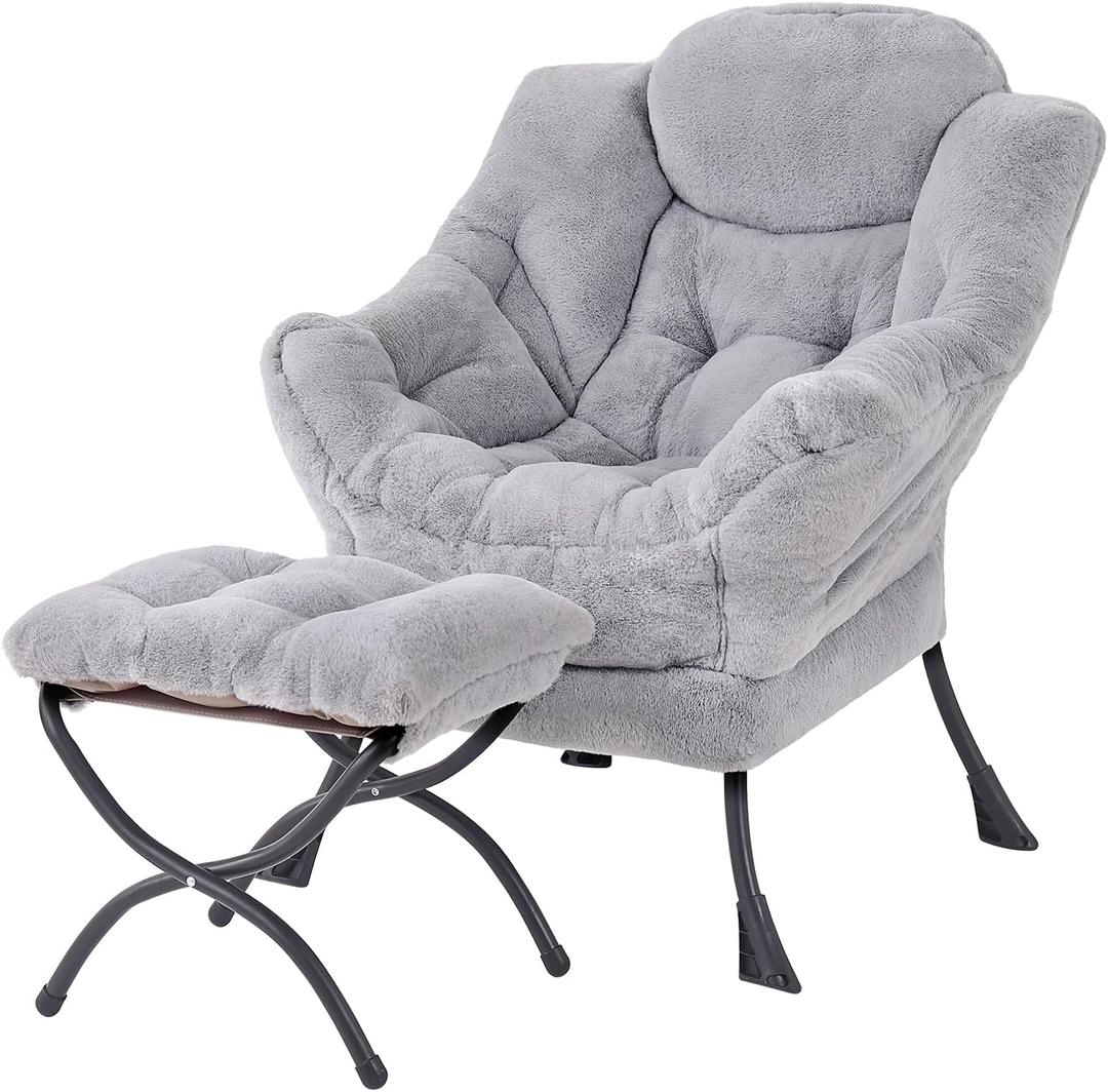 Tiita Lazy Chair with Ottoman, Light Grey Modern Large Accent Armchair, Comfy Leisure Sofa Reading Chair with Footrest for Bedroom, Living Room, Dorm Rooms, Garden, Plush Light Grey