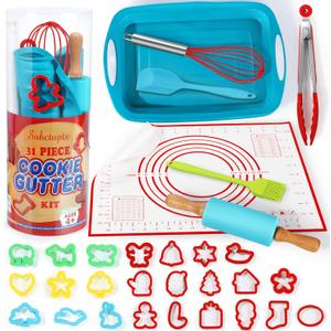 Kids Cooking Set - Real Toddler Kitchen Toys with 24 Assorted Cookie Cutters, Rolling Pin, Silicone Pan, Non-Stick Baking Mat for Kids Girls Boys Ages 4+