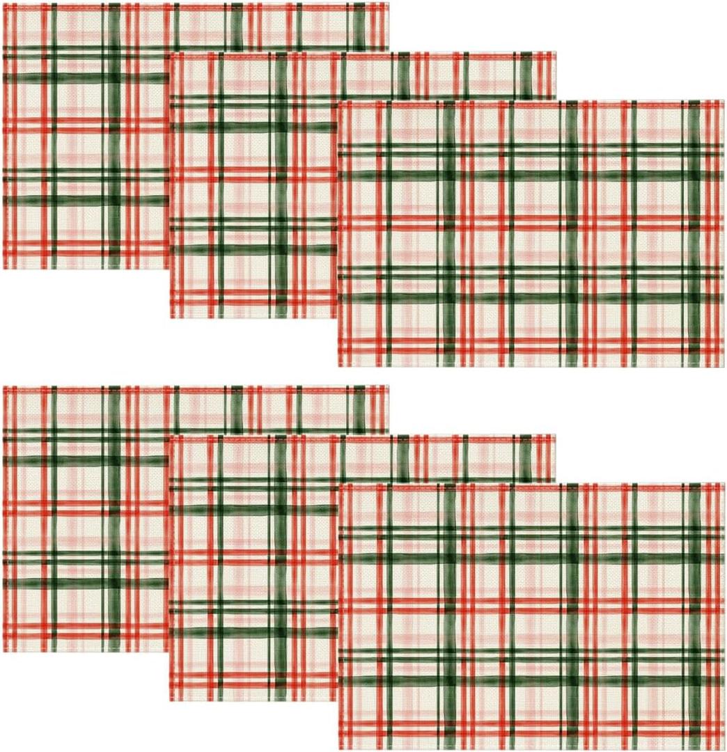 Artoid Mode Red Green Buffalo Plaid Christmas Placemats Set of 6, 12x18 Inch Seasonal Winter Table Mats for Party Kitchen Dining Decoration