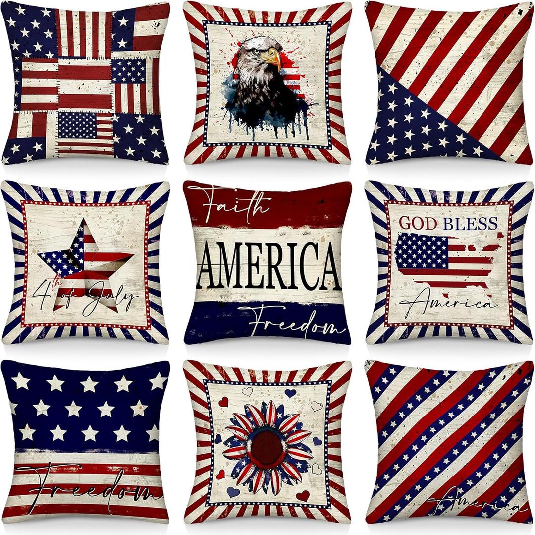 9 Pcs Patriotic American Flag Pillow Covers 18 x 18 Inch 4th of July Pillow Covers Vintage Red White and Blue Pillowcase Independence Memorial Day Cushion Case for Home Sofa Couch Party Decor