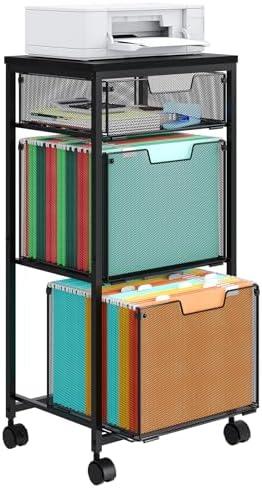 Sbanmao 3 Drawer Mobile File Cabinet for Home Office, Rolling Filing Cabinet on Lockable Wheels, Hanging File Folders Organizer, Utility Cart Storage and Organizer, Printer Stand, Black