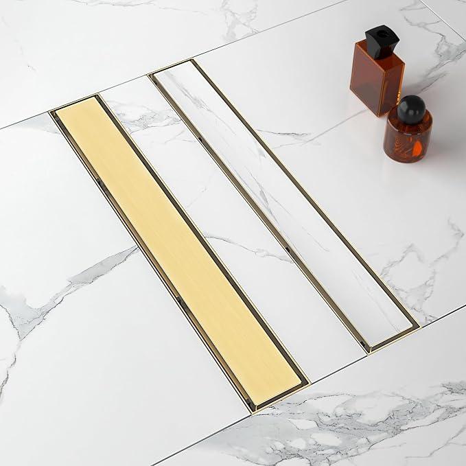 24-Inch Linear Shower Drain with Tile Insert Grate, SUS 304 Stainless Steel Linear Drain, Brushed Nickel Long Rectangle Shower Floor Drain with Leveling Feet, Hair Strainer, Fits Bathroom, Brushed Gold