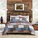 Cabin Patchwork Plaid 100% Cotton 3-Piece Quilt Set, Reversible Lightweight Quilt and Shams, Coverlet Set (King Size, Red/Blue/Beige)