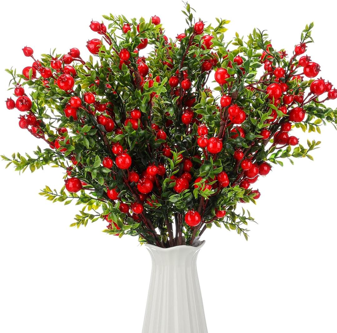 16 Pcs Artificial Pomegranate Branches 25.6 Inches Faux Pomegranate Flower Stem Small Fake Berries Branches for Christmas Decorations Wedding Home Vase Party Decorations