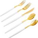 Rubtlamp 96 Pcs Gold Plastic Silverware, Gold Plastic Utensils with White Handle, Cutlery Set Disposable Includes: 32 Knives, 32 Plastic Spoons And 32 Forks for Wedding And Party