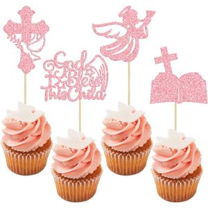 24 Pack Baptism Cupcake Toppers Pink God Bless This Child Cake Toppers Cross Cupcake Picks First Communion Bling Newborn Baby Shower Baptism Party Decorations