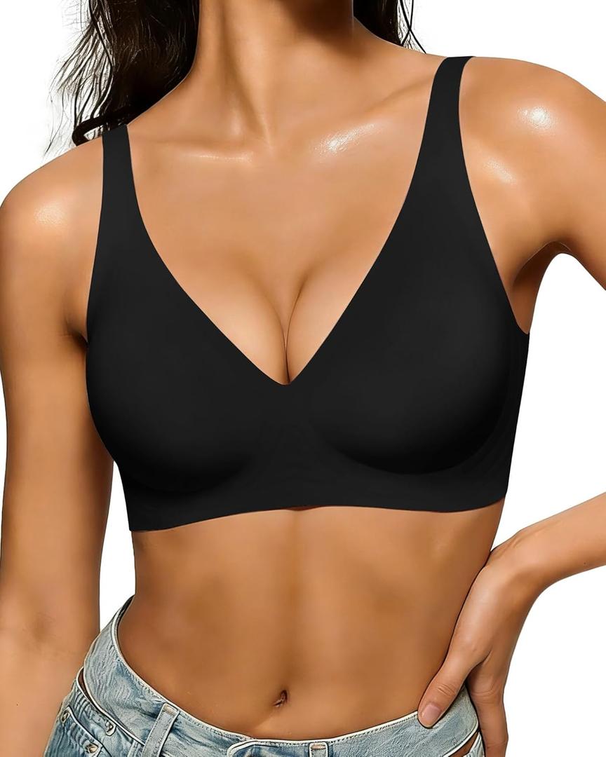 As Fairy 2026 Deep V Wireless Push Up Bras for Women Seamless Bra with Support No Underwire Bralette(Black 38D)