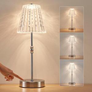 Cordless Table Lamp, 5000mAh Rechargeable Battery Operated Portable Lamp, Dimmable+3 Colors LED Touch Control, Vintage Crystal Lamp for Bedroom, Kitchen, Bar, Office (Sliver-1 Pack)