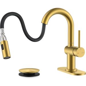 KENES Brushed Gold Single Handle Bathroom Faucet with Pull Out Sprayer, Pull Down Bathroom Sink Faucet with Sprayer, Vanity Bar Faucet with Pop Up Drain & Deck Plate, KE-9065B-4 (Short)