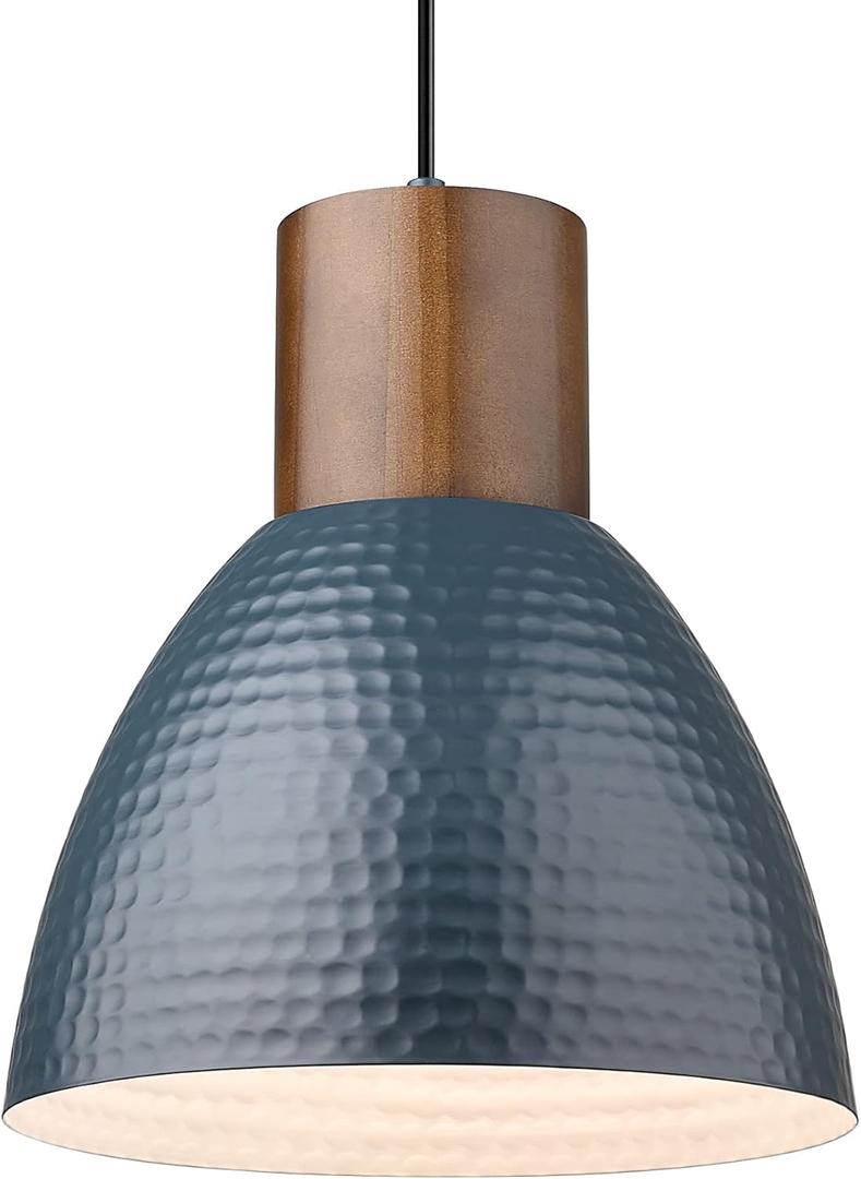ELYONA Hammered Pendant Light for Kitchen Island, 10.2 Metal Solid Wood Bar Hanging Lamp, Adjustable Height Industrial Pendant Lighting for Dining Room, Bedroom, Bar, Office, Modern Blue (Medium)