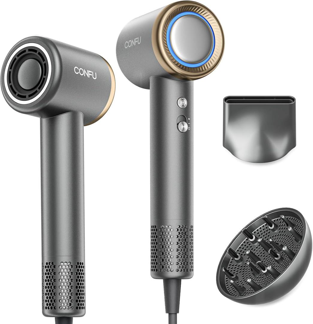 Hair Dryer, CONFU Ion Hair Dryer with Diffuser for Curly Hair, 110000 RPM Professional High Speed Blow Dryer, 1400W Diffuser Hairdryers Fast Drying for Women Men (Gray)