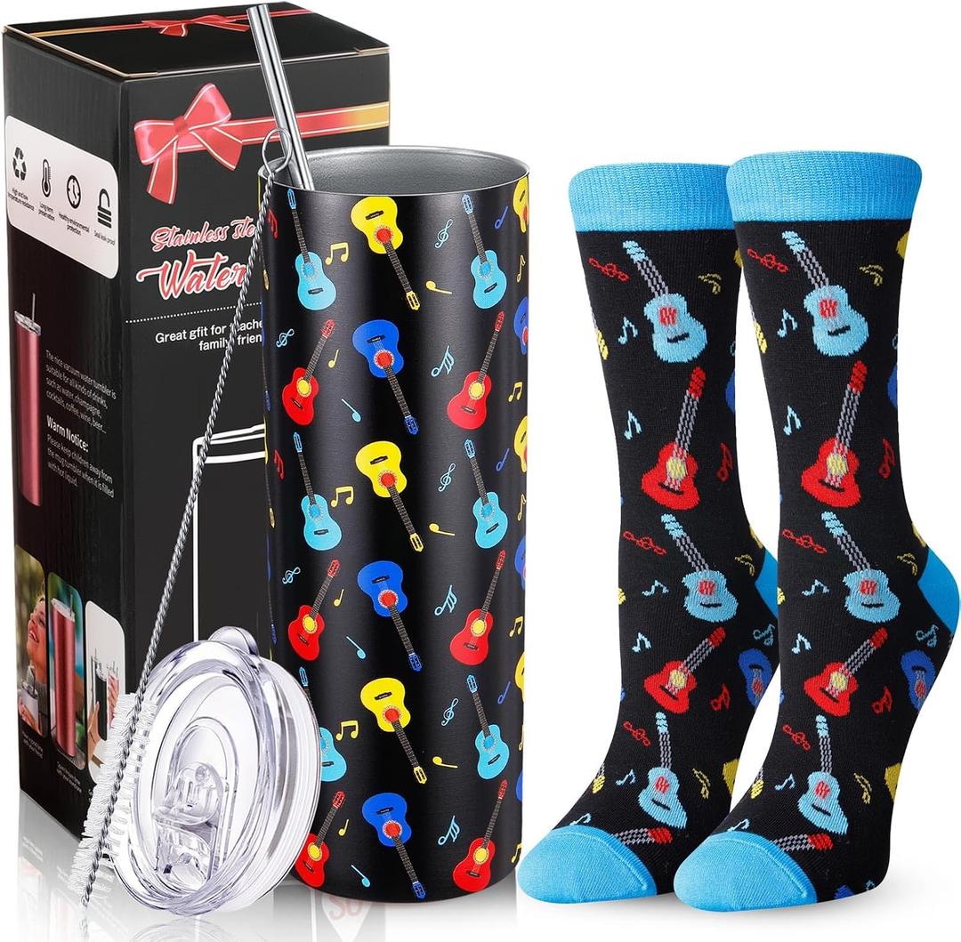 Umigy 2 Pcs Music Gifts for Men 20 oz Stainless Steel Guitar Tumbler and Socks Musical Graduation Gift End of Year Teacher Gifts for Guitar Lover Musician Team Men Women Birthday