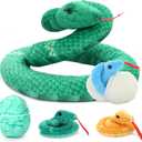 Muiteiur Giant 6 Piece Snake Stuffed Animal, 55 inch Mommy Snake with 3 Baby&2 Egg, Green Large Jungle Plush Toy, Realistic Serpent Plush Toy Gift for Kids Girls Boys