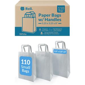 Reli. 110 Pack | 5.25"x3.25"x8" | Small White Gift Bags w/Handles | Kraft Paper Shopping, White Paper Bag for Gifts, Retail, Merchandise, Party Favors
