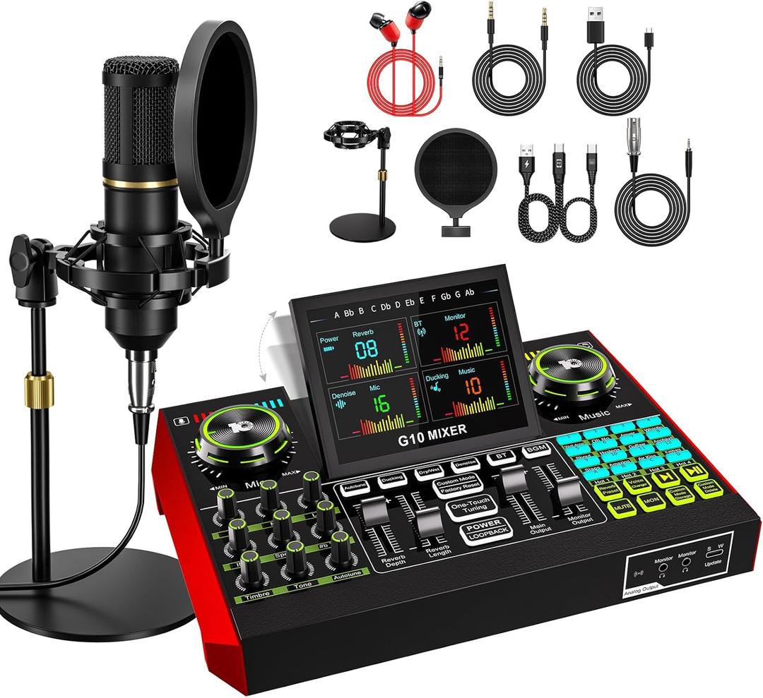 Podcast Microphone Bundle with Live Sound Card Audio Mixer, Podcast Equipment Bundle with 3.5mm BM800 Microphone for Pc/Youtube Live Streaming Singing Gaming, Sound Board with Voice Changer, Denoise