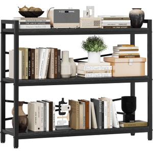 3 Tier Bookshelf 39.37" Width, Dorm Desk Hutch, Desk Shelf, Long Industrial Bookcase, Wooden Large Book Shelf for School Home Living Room Bedroom Office Storage(Black)