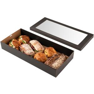 Restaurantware Cater Tek 22.2 x 10 x 3.2 Inch Baked Goods Boxes 10 Greaseproof Pastry Boxes - Window Lids Insert Tab Lock Black Paper Catering Boxes Easy Assembly For Charcuterie Or Cupcakes