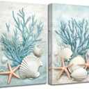 ZQQART Blue Coral Canvas Wall Art Ocean Theme Picture Wall Decor Shell Painting Starfish Prints Art Beach Bathroom Decor Framed(16.00"x24.00"x2P)