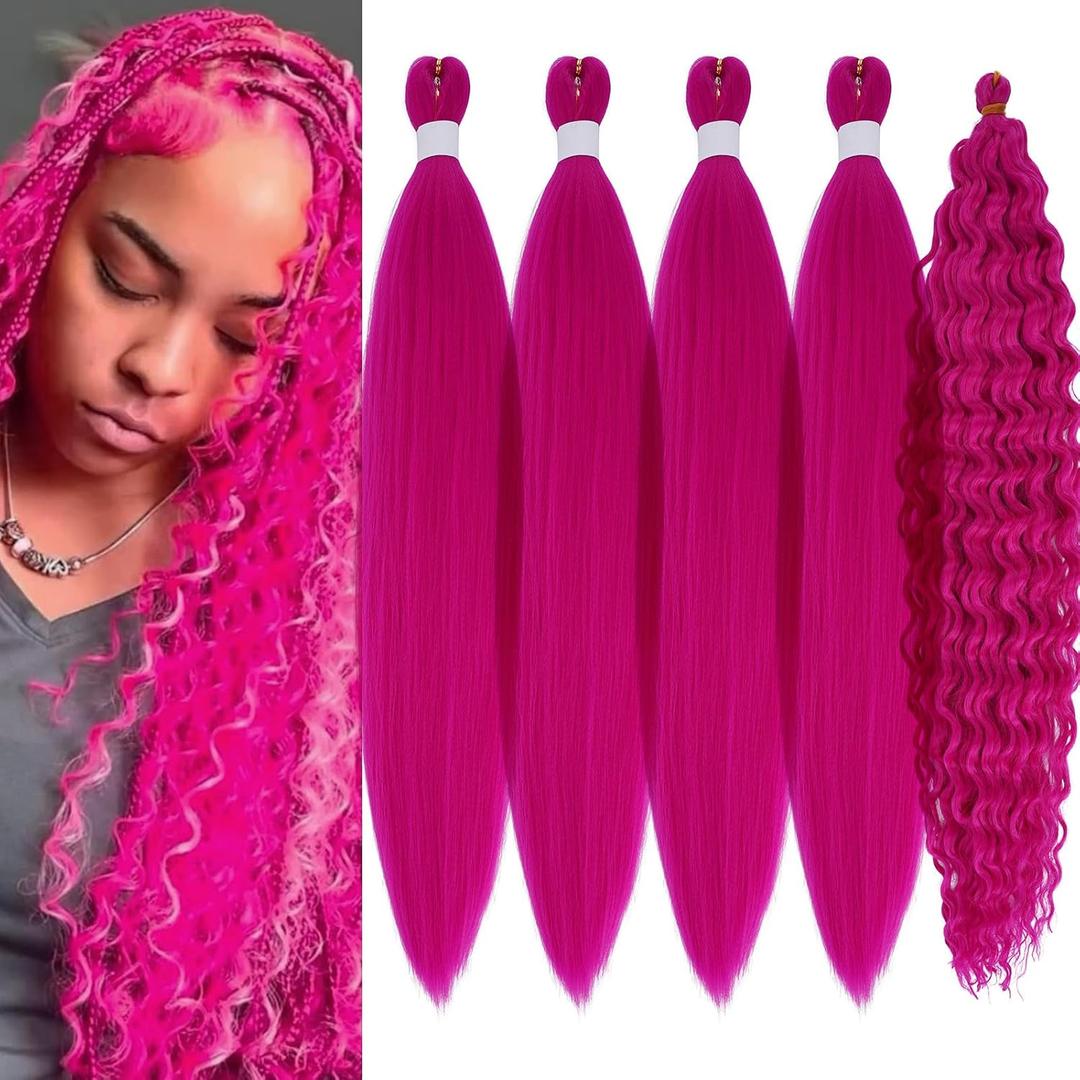 Magenta Braiding Hair Pre Stretched with Boho Braids Pink Curly Deep Ocean Wave Crochet Hair Natural Color Synthetic Knotless Boho Braiding Hair for Bohemian Braids 5 Packs (26 Inch Boho Braids Set)