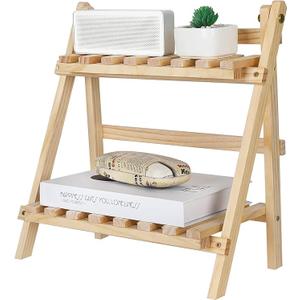 2-Step Desktop Storage Organizer Foldable 2 Tier Ladder Plant Stand Wood Display Shelf Decorative Storage Rack for Table Top